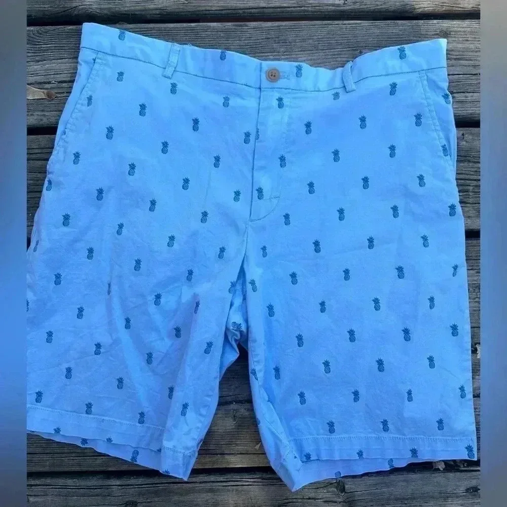 Men 34‎ Waist Light Blue Pineapple Printed Stretch Shorts With Pockets